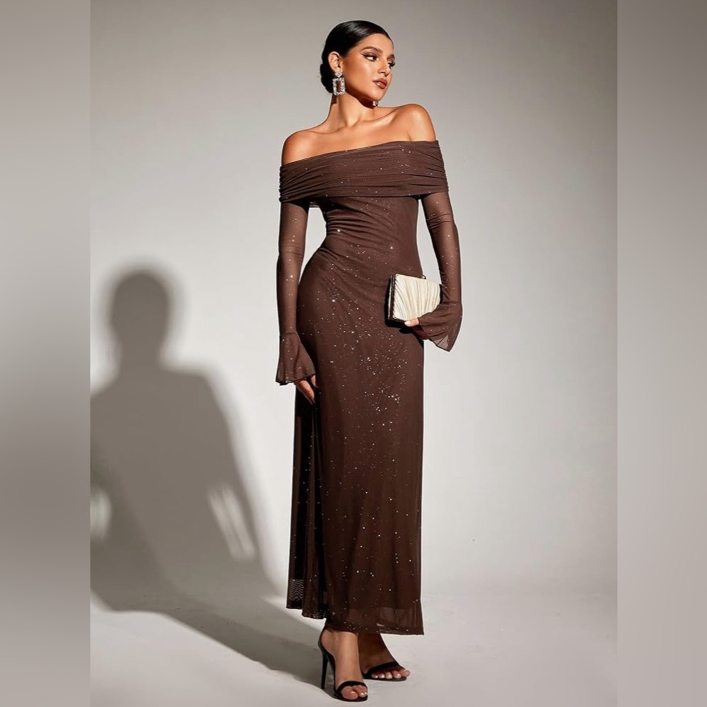 Off Shoulder Bodycon Dress, Long Sleeve with Mesh Ruching, Party Formal Dress